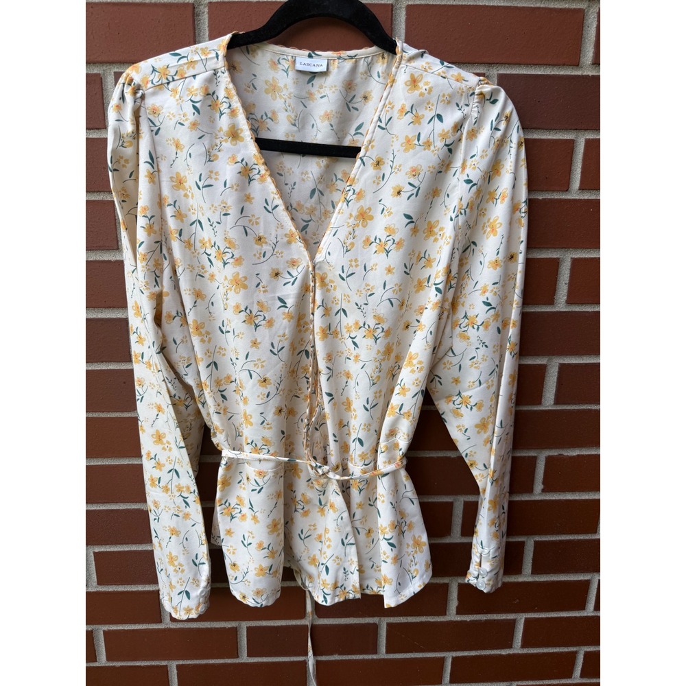 Lascana Floral Wrap Look Blouse‎ Cream Print Long Sleeve size 14